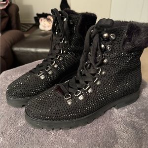 Express Rhinestone + Faux Fur Combat Boots